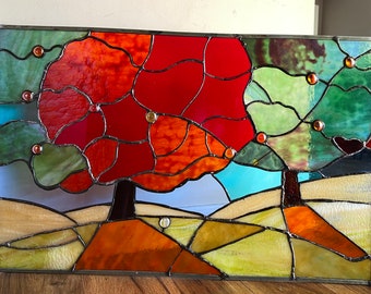 Stained Glass Panel Autumn Forest 27”x18”