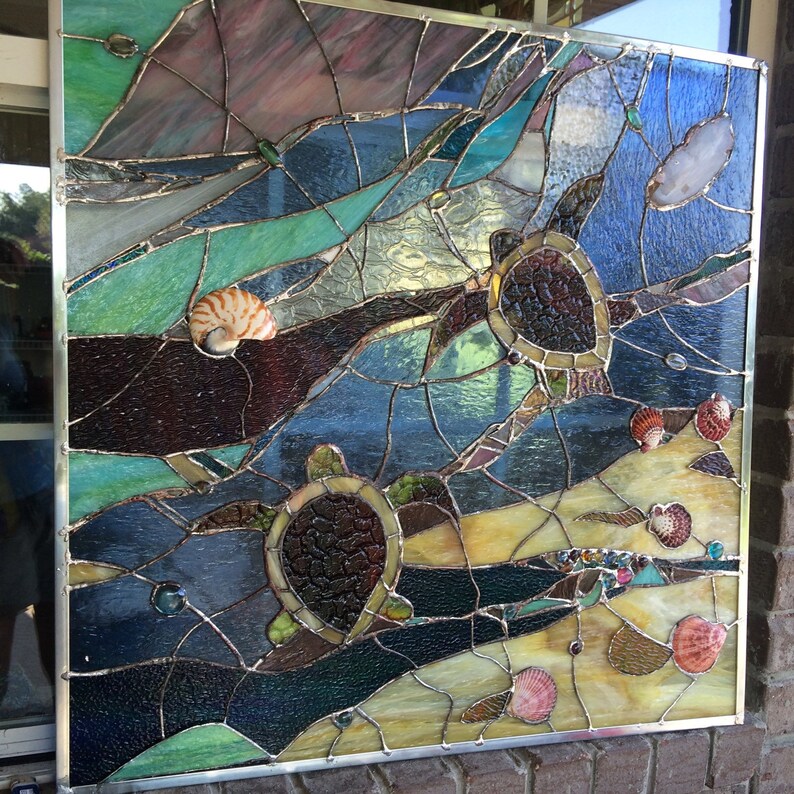 Stained Glass Window Sea Turtle Transom Panel W Agates Etsy