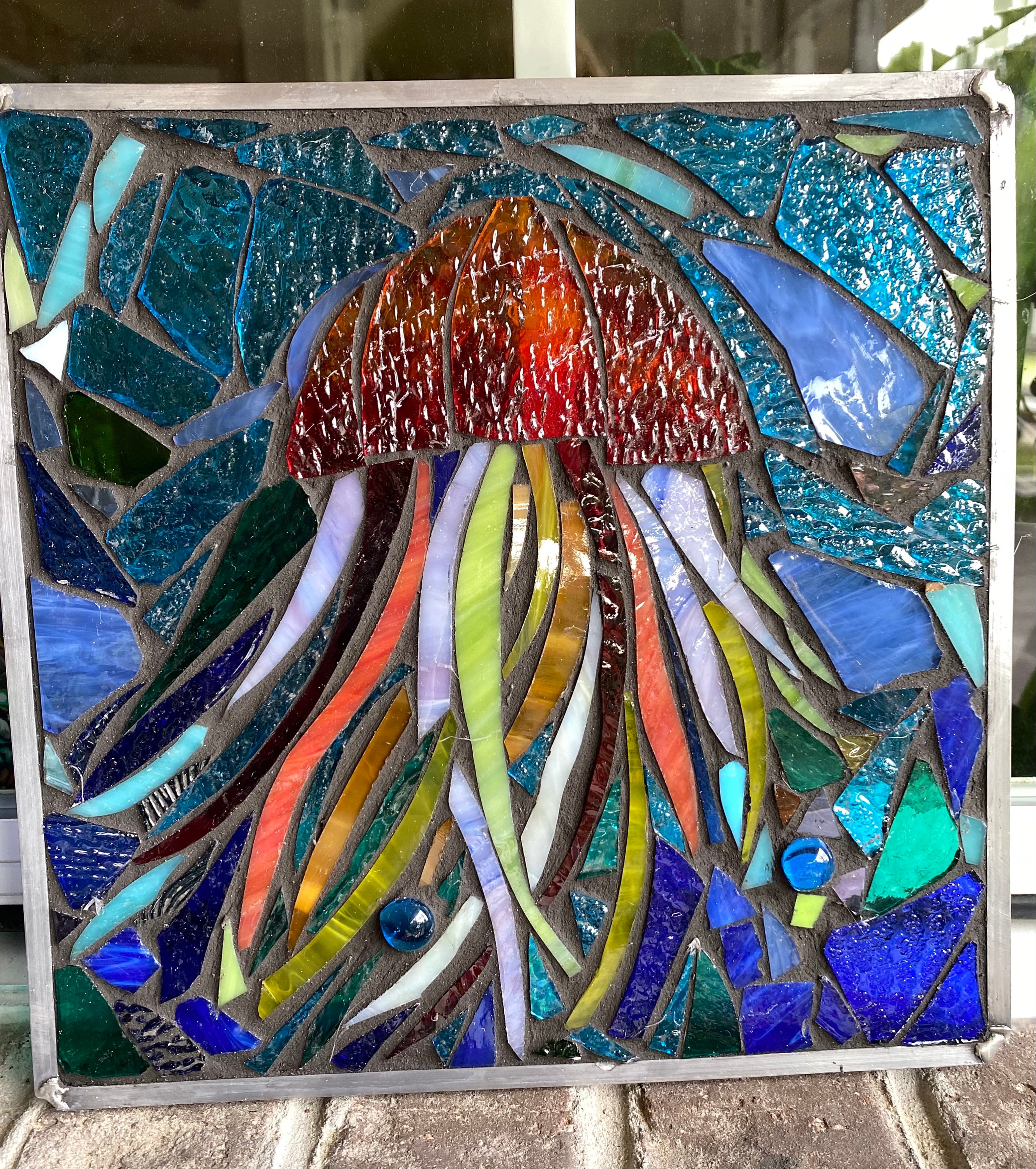Stained Glass Mosaic Abstract Jellyfish Panel Window OOAK Etsy