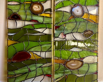 Stained Glass Abstract  Transom Window Suncatcher Panel Valance set of 2