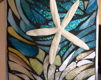 Stained Glass Mosaic  Abstract Panel Starfish Sea Ocean Window  OOAK