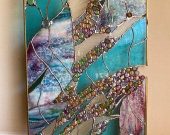 Stained Glass Abstarct Transom Window Suncatcher Panel Valance 27”x 15"