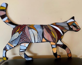 Cat Stained Glass Mosaic Farm Rustic Decor Wall Sculpture OOAK