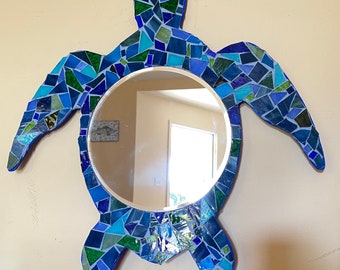 Sea Turtle Mirror Stained Glass Mosaic Ocean Beach House Bathroom Decor