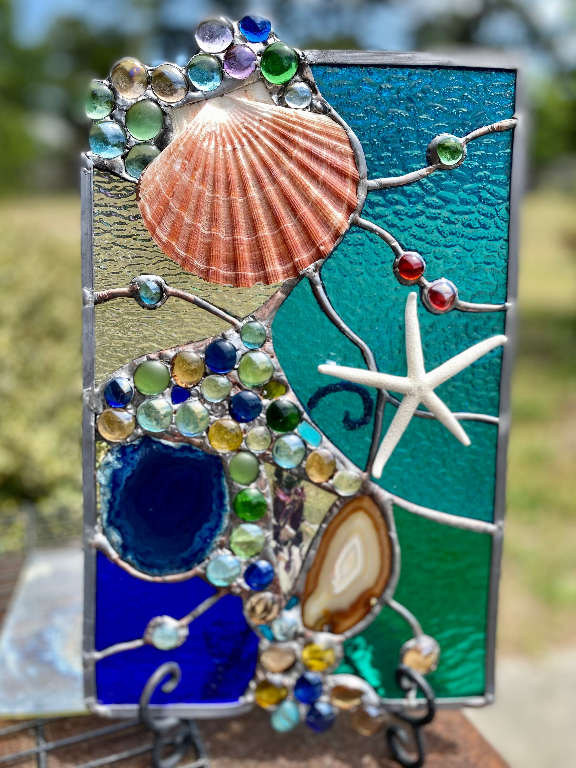 Stained Glass Sea Shell Nuggets Suncatcher Nautical Panel 14x 9 Etsy
