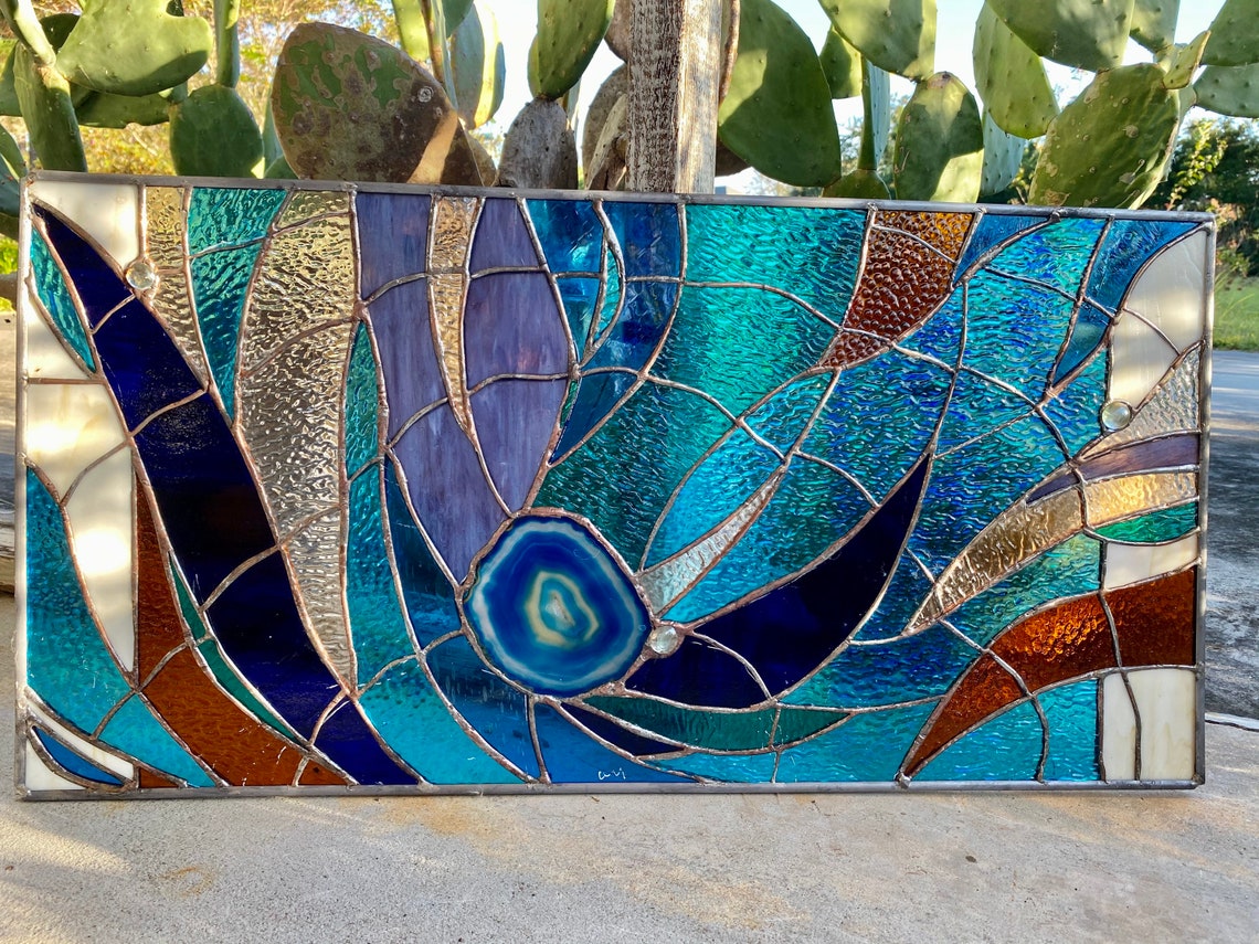 Stained Glass Abstract Nuggets Transom Window Suncatcher Panel Etsy