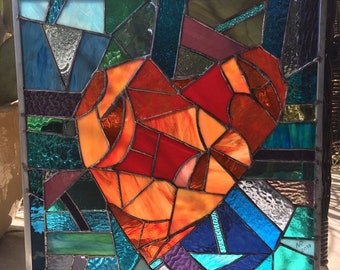 Stained Glass Abstract Heart Transom Window Contemporary  Panel