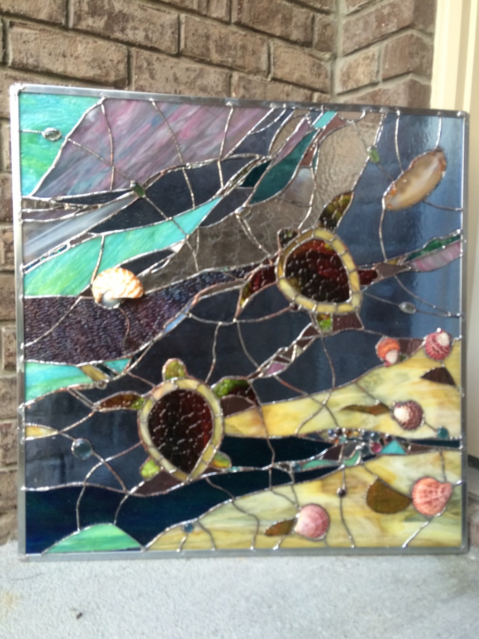 Stained Glass Window Sea Turtle Transom Panel W Agates Etsy