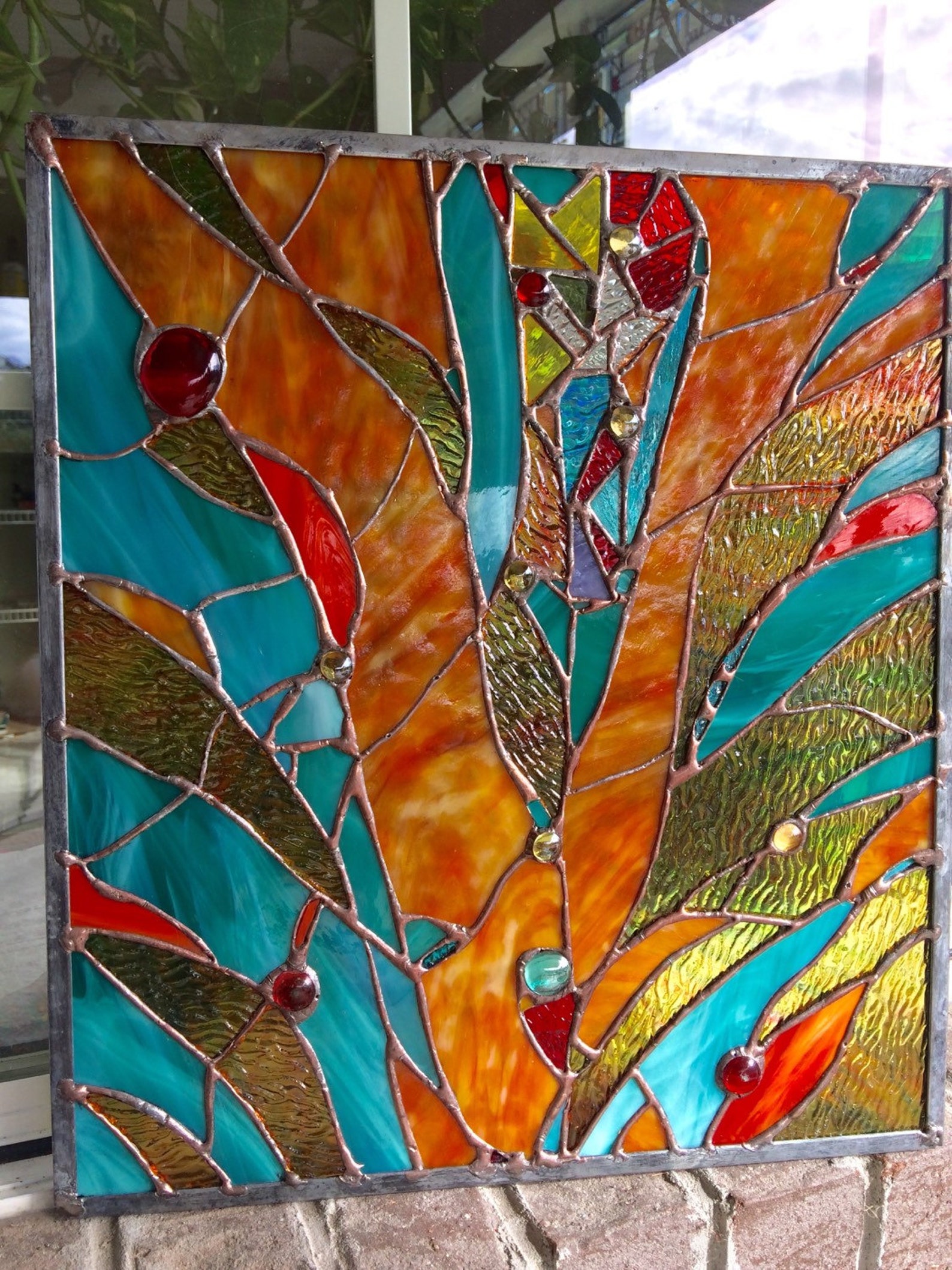 Stained Glass Panel Abstract Window Nuggets Suncatcher Etsy