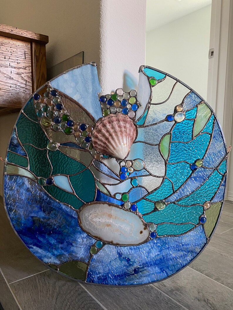 Stained Glass Nautical Panel W Sea Shell and Brazilian Agate Etsy