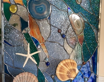 Stained Glass Panel Ocean Sea Shell Window Suncatcher 15"x18"