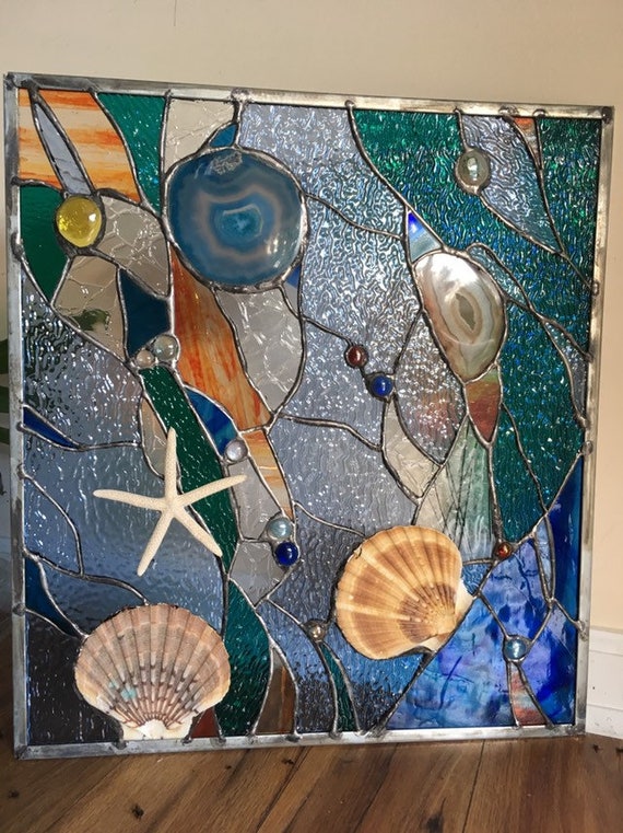 Stained Glass Panel Ocean Sea Shell Window Suncatcher Etsy