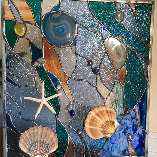 Stained Glass Panel Ocean Sea Shell Window Suncatcher 15"x18"