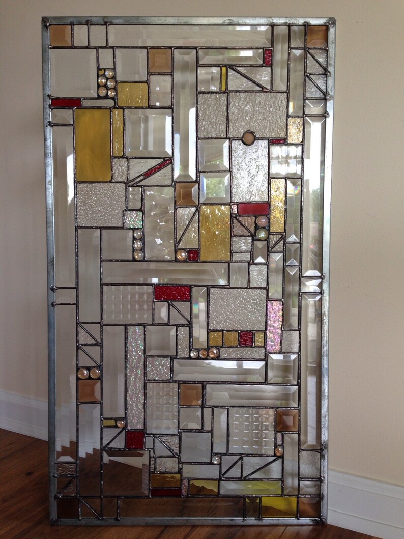 Stained Glass Geometric Panel Transom Window with Bevels Etsy