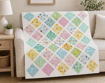 Baby Quilt Pattern PDF, Squares on Point Quilt with Sashing, Diamond Layout for Charm Packs