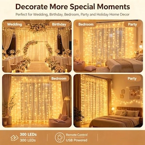Könnte beinhalten: Ein Vorhang-Lichterketten-Set mit 300 warmweißen LEDs. Die Lichter sind USB-betrieben und enthalten eine Fernbedienung. Die Darstellung zeigt die Lichter, die vor Vorhängen in verschiedenen Umgebungen wie Hochzeiten und Schlafzimmern hängen.