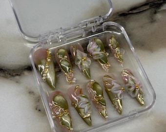 3D Sculpted Flower Cat Eye Press On Nails – Angelic Fairy Inspired Reusable Set