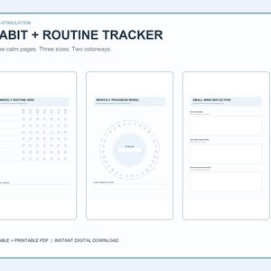 Peut inclure: Un suivi d'habitudes et de routines numériques avec trois pages intitulées Low-Stimulation Habit + Routine Tracker, Weekly Routine Grid, Monthly Progress Wheel et Small Wins Reflection. La mise en page présente des fonds blancs.