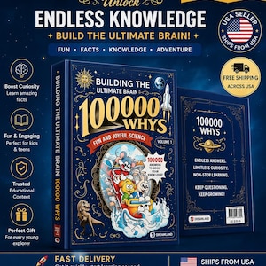 May include: A dark blue hardcover book titled Building the Ultimate Brain 100000 Whys Volume 1. The cover features gold text, a rocket, a sun, and a central illustration of cartoon animals in a red vehicle. The back cover lists text and a barcode.