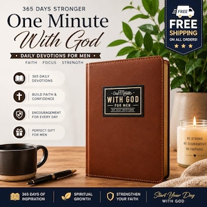 May include: A brown leather-bound devotional book titled One Minute With God For Men. The cover features a black rectangular label with gold text. The book is displayed alongside a black coffee mug, a black pen, and a candle with text.