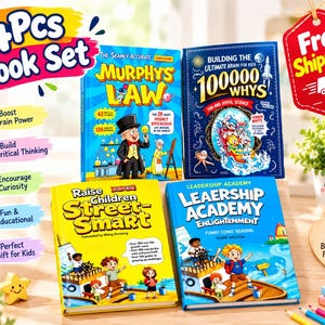 May include: A four-piece book set featuring colourful covers with illustrations and text. Titles include Murphy's Law, 100000 Whys, Raise Children Street-Smart, and Leadership Academy Enlightenment. The books are displayed together on a wooden surface.