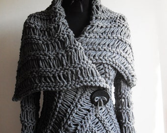 Hand-Knit Chunky Gray Wrap Cardigan, Artistic Layering Vest Custom order