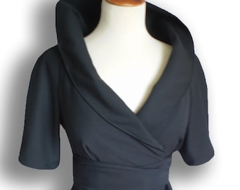 Black Wool Wrap Dress: Custom Made Knee Length Dress