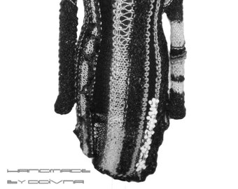 Hand Knitted Wool Sweater Dress, Gray Black Tunic, Slouchy Knit unique