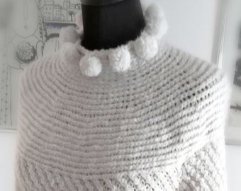 Off White Diagonal Knit Sweater, Ivory Pom Pom Neck Pullover, Sculptural Waist Jumper