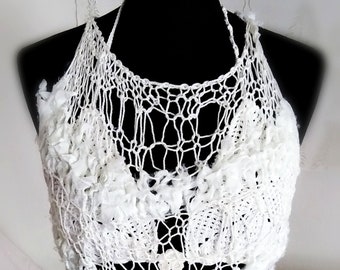 Hand Knitted Cotton Tunic Top: Boho Wedding Party Sweater with crocheted bra