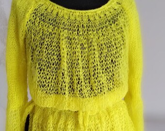 Yellow Sheer Knit Peplum Tunic, Airy Ruffled Boho Top, Wide Sleeves