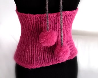 Handknit Magenta Sweater Top: Open Back High Neck - Adaptable Fit