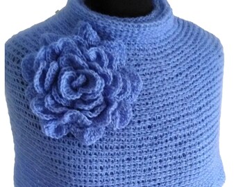 Light Blue Angora Gold Knit Vest, Removable Flower Accent, Convertible Hood Wrap