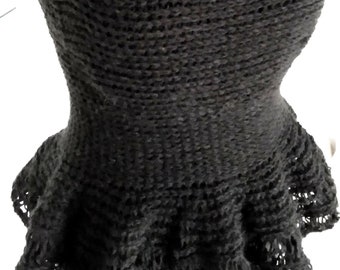 Black peplum sweater open shoulder, short sleeves genuine handmade,soft and elastic size S/M