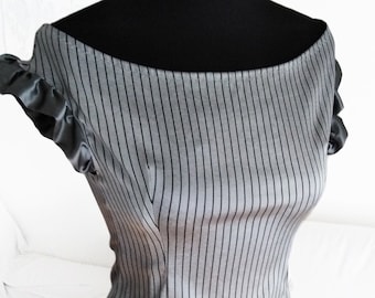 Gray Striped Satin Off-Shoulder Dress: Handmade Party Dress