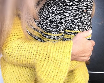 Hand Knit Yellow Bell Sleeve Sweater, Avant Garde High Neck, Bold Color Block Knitwear