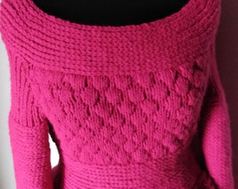 Pink sweater peplum hand knit top, jumper,unique piece Small,Medium