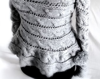 Gray woman sweater, peplum style,long sleeves, spiral knit braid ,soft touch, unique hand knit gift, free shipping