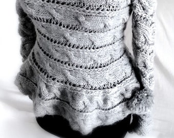 Hand-Knit Gray Peplum Sweater, Spiral Braid Wool Pullover, Soft Designer Knitwear