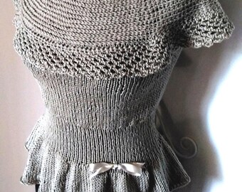 Hand-Knit Peplum Top, Off-Shoulder Cotton Silk Blouse, Boho Summer Vest