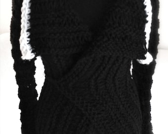 Black wrap woman sweater, handknit jacket ,long sleeves . Unique piece! FREE Shipping