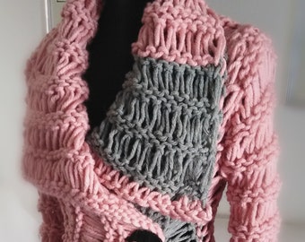 Pink Gray Hand-Knit Crop Cardigan, Artistic Wrap Knit Top Adjustable Wrap Design