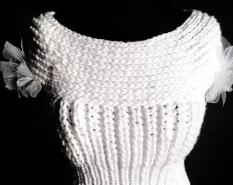 White Bridal Knit Sweater, Tulle Bow Sleeve Wedding Topper, Soft Wool Pullover