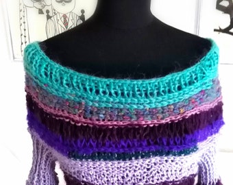 Hand-Knit Boho Sweater, Turquoise Purple Bell Sleeve Pullover,Festival Knitwear