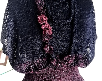 Burgundy Navy Silk-Cotton Peplum Knit Top, Sequin Detail, Flower Necklace S/M