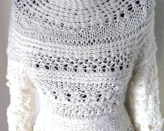 Off-White Peplum Knit Sweater, Artisan Zero-Waste Wool Jumper, Mixed Stitch Pullover (S-M)