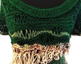 Green short sleeve sweater,with fringe detail, vest, woman loose knit, waistline sweater, hand knit pullover size S M L  Free shipping