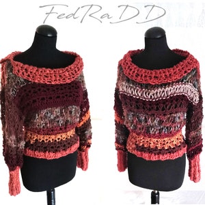 May include: A handmade, off-the-shoulder crochet sweater in shades of burgundy, brown, orange, and cream. The sweater features a wide, open neckline and long sleeves with ribbed cuffs. The text "FedRaDD" is in the upper left corner.