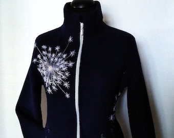 Womens Jacket pure Wool,dark blue ,high collar, zipper,with pockets ,dandelion hand embroidery