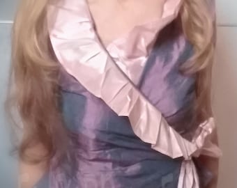 Pale Pink Dupioni Silk Wrap Blouse, Ruffle Collar, Artisan Sewing, Size L